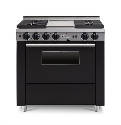36" Dual-Fuel Self-Cleaning black kitchen range with four burners and an oven with stainless steel trim.