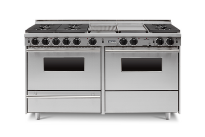 Stainless steel 60” LP Gas True Dual-Fuel Self-Cleaning Kitchen Range with six sealed burners and oven 