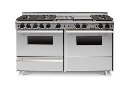 Stainless steel 60” LP Gas True Dual-Fuel Self-Cleaning Kitchen Range with six sealed burners and oven 