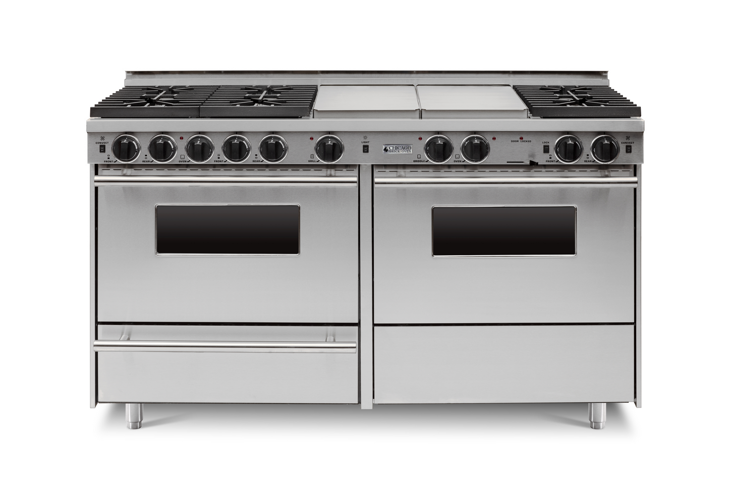 Stainless steel 60” LP Gas True Dual-Fuel Self-Cleaning Kitchen Range with six sealed burners and oven with stainless steel trim