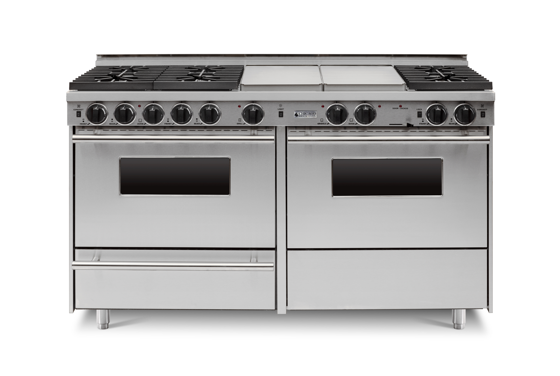 Stainless steel 60” LP Gas True Dual-Fuel Self-Cleaning Kitchen Range with six sealed burners and oven with stainless steel trim