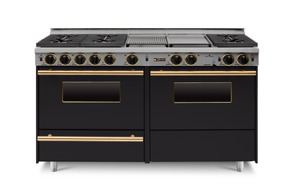 Black 60” LP Gas True Dual-Fuel Self-Cleaning Kitchen Range six sealed burners and oven with brass trim