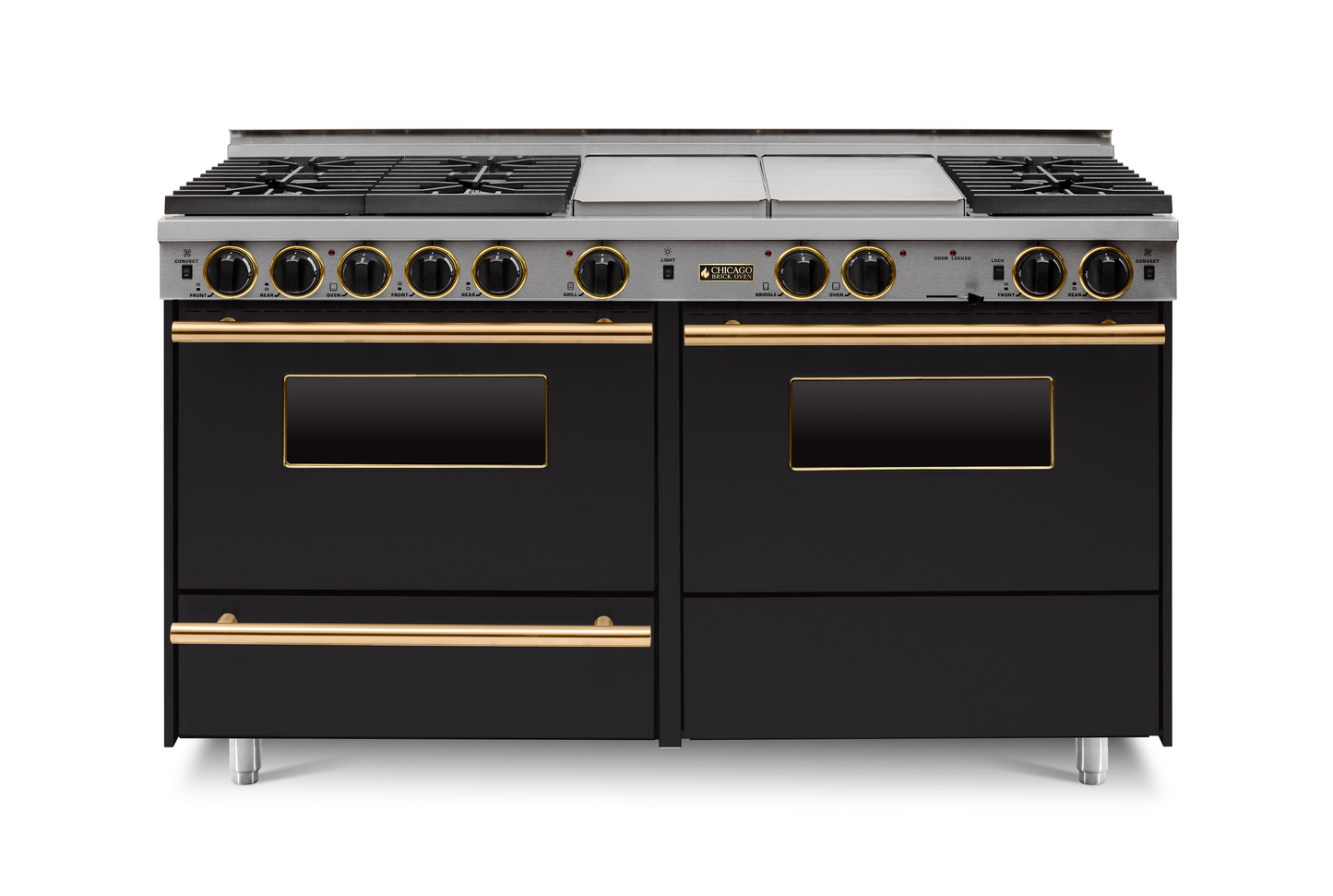Black 60” LP Gas True Dual-Fuel Self-Cleaning Kitchen Range six sealed burners and oven with brass trim