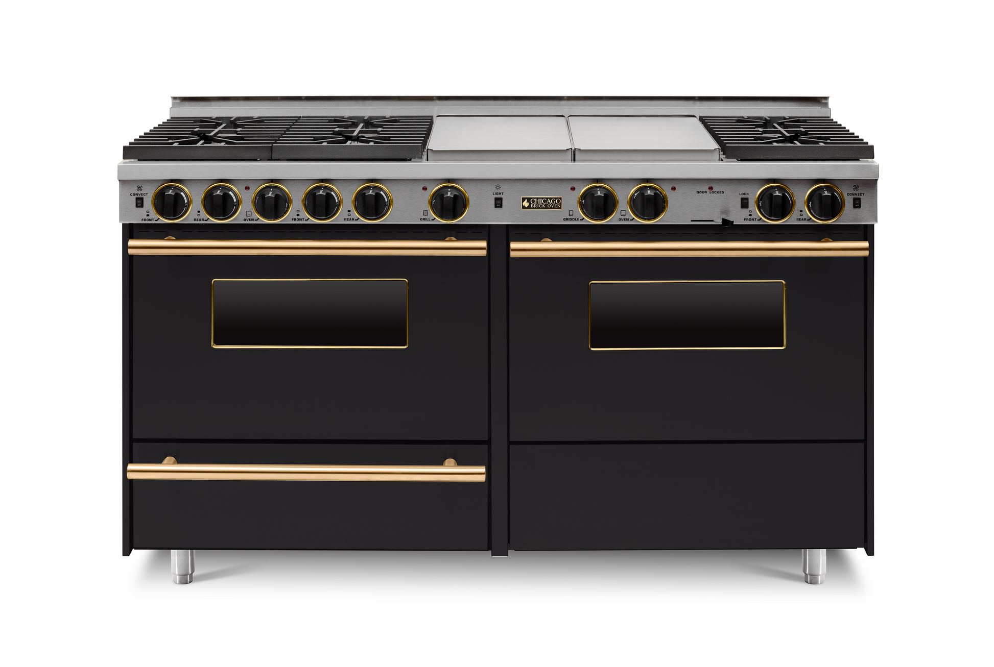 Black 60” LP Gas True Dual-Fuel Self-Cleaning Kitchen Range six sealed burners and oven with brass trim