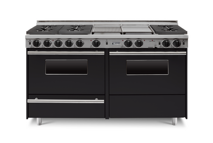 Black 60” LP Gas True Dual-Fuel Self-Cleaning Kitchen Range six sealed burners and oven with stainless steel trim