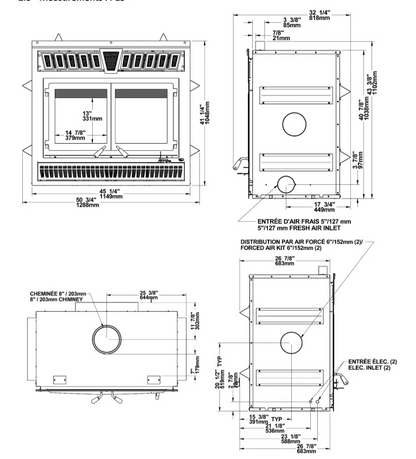 Valcourt Waterloo Wood Burning Fireplace Technical sheet.