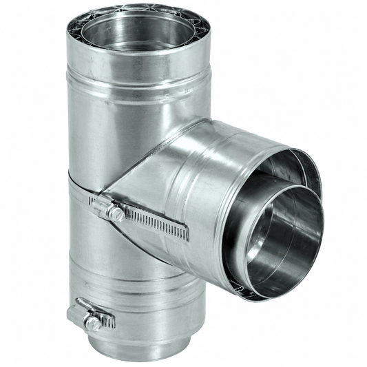 Duranvent Fasnseal double-wall stainless steel vent pipe standard tee fitting with clamp, cylindrical top opening, and side outlet on a white background.