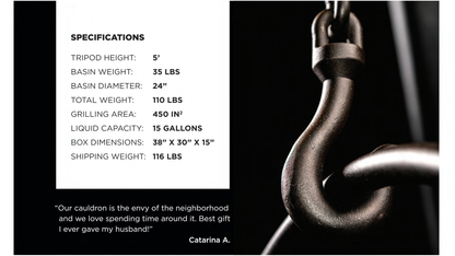 The Cowboy Cauldron The Dude 24" Tripod Wood Burning Fire pit Cooking Grill with Suspension Chain and Cover