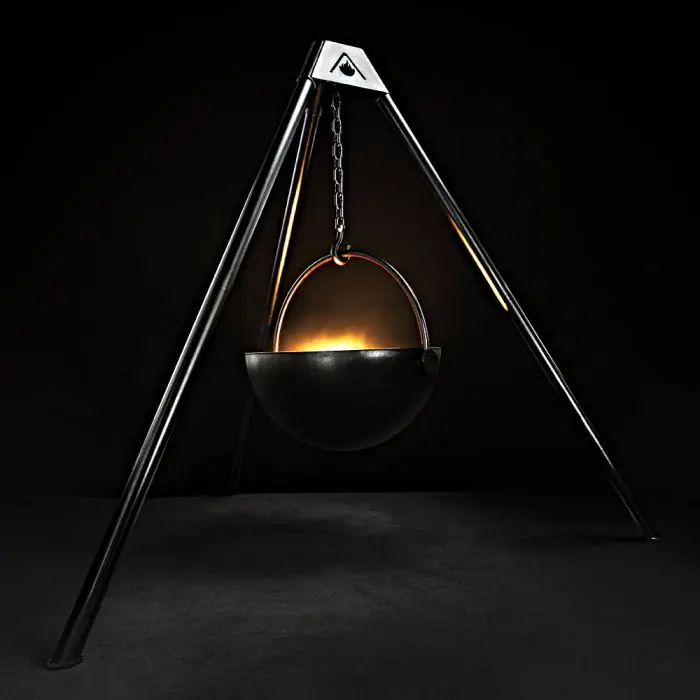 Tripod stand Cowboy cauldron Wood Burning Fire Pit This Modular Fire pit the Cow Cauldron is one of a kindUsed in the garden, the Cow Cauldron is able to be moved anywhere - because it will not heat up the ground under it, move it to have a fire anywhere you please. Cowboy Cauldron the Wrangle 36": can be a grill can be a patio heater and is a beautiful piece of art work