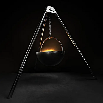 Tripod stand Cowboy cauldron Wood Burning Fire Pit This Modular Fire pit the Cow Cauldron is one of a kindUsed in the garden, the Cow Cauldron is able to be moved anywhere - because it will not heat up the ground under it, move it to have a fire anywhere you please. Cowboy Cauldron the Wrangle 36": can be a grill can be a patio heater and is a beautiful piece of art work