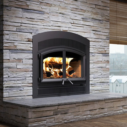Valcourt Waterloo FP15A Indoor Built-in Wood burning fireplace with Urban faceplate louver and a visible wood burning flame. 95,000 btu, 11 hr burning time, Largest model with high efficiency. Valcourt Waterloo FP15A is similar to, Napoleon High Country Series Wood Burning Fireplace, Ventis HE350 Zero Clearance Fireplace Insert Wood Burning 95,000 BTU 2,800 Sq. Ft New, Osburn Stratford II Wood Fireplace with Door, Majestic WarmMajic-II Wood Fireplace - WARMMAJIC-II