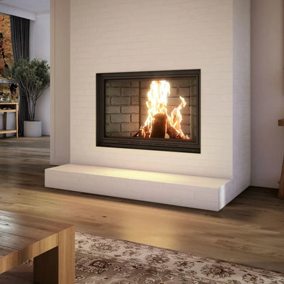 Valcourt Frontenac FP11D Built-in Wood Burning Fireplace, Modern Indoor Fireplace with Classic brick liner and a classic trim in a modern living room with visible burning flame. Mid century Fireplace, Modern hearth fireplace. This product is similar to Superior 36-Inch Radiant Wood Burning Fireplace, Napoleon High Country 8000 Wood Burning Fireplace NZ8000, Majestic Biltmore 36 Inch Wood Burning Fireplace, Heat & Glo Exclaim 50′′ Wood Fireplace.
