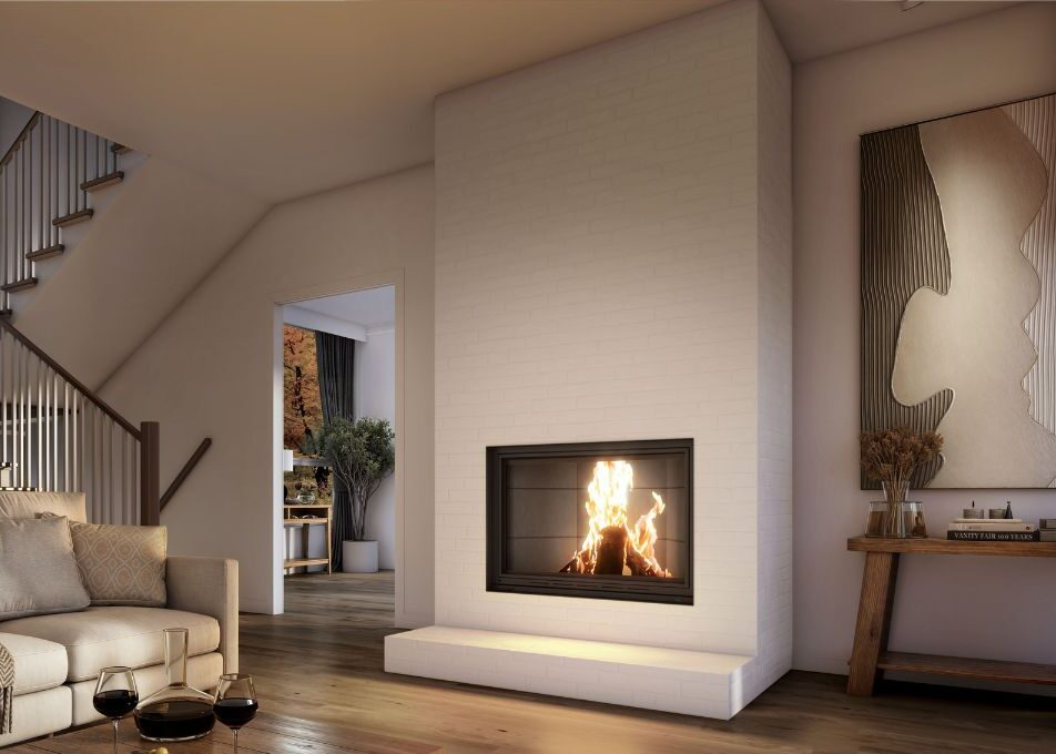 Valcourt Frontenac FP11D Built-in Wood Burning Fireplace, Modern Indoor Fireplace with Classic brick liner and a classic trim in a modern living room with visible burning flame. Mid century Fireplace, Modern hearth fireplace. This product is similar to Superior 36-Inch Radiant Wood Burning Fireplace, Napoleon High Country 8000 Wood Burning Fireplace NZ8000, Majestic Biltmore 36 Inch Wood Burning Fireplace, Heat & Glo Exclaim 50′′ Wood Fireplace.