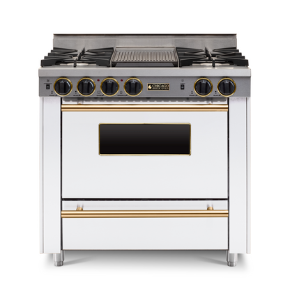 36" white All-Gas Range with Four Open Burners with large Oven and Brass trim