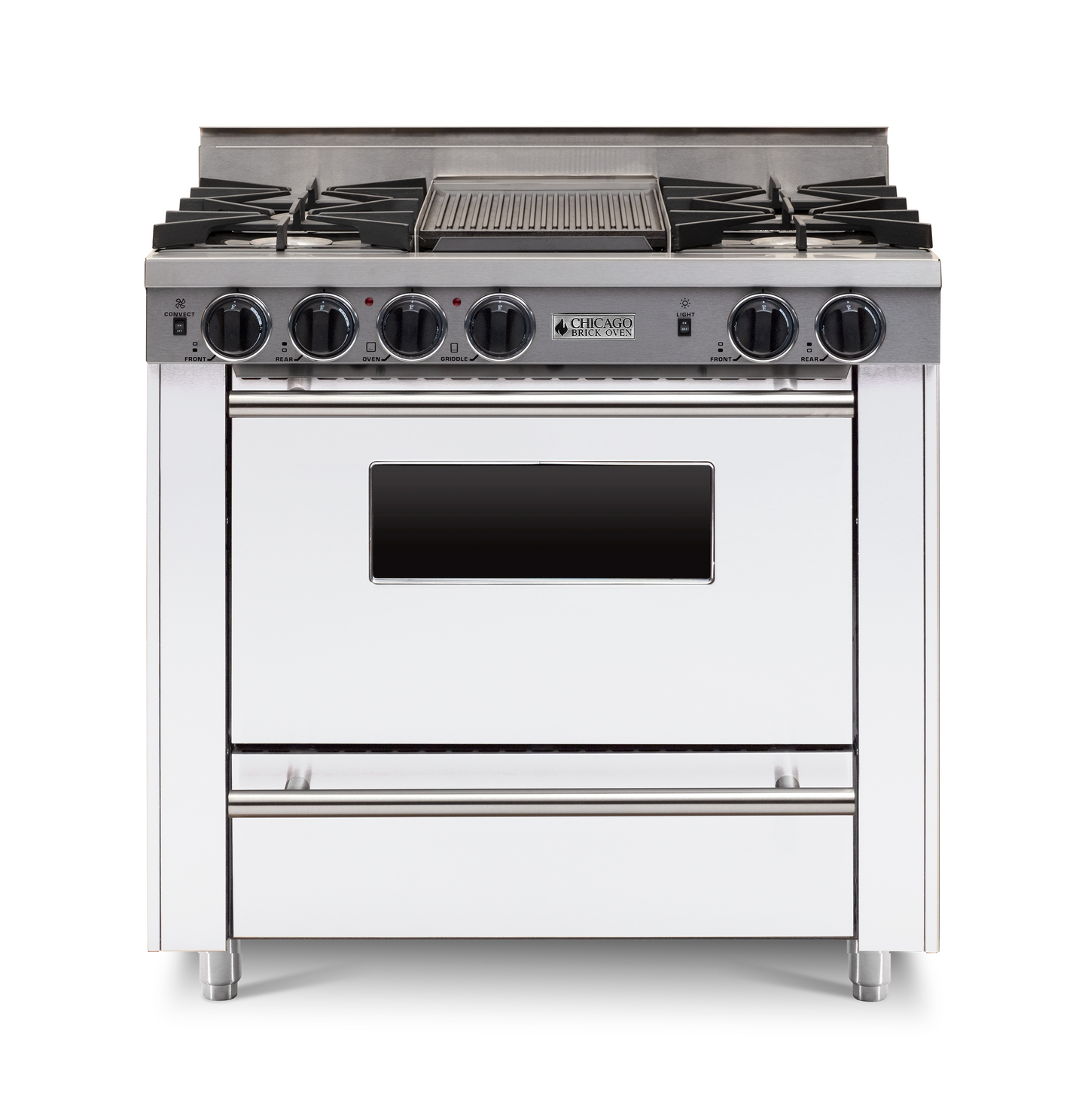 36" white All-Gas Range with Four Open Burners with large Oven and Stainless steel trim