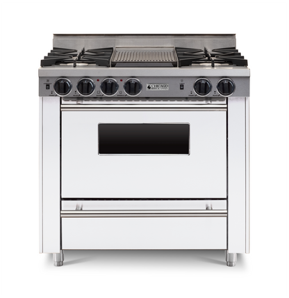36" white All-Gas Range with Four Open Burners with large Oven and Stainless steel trim