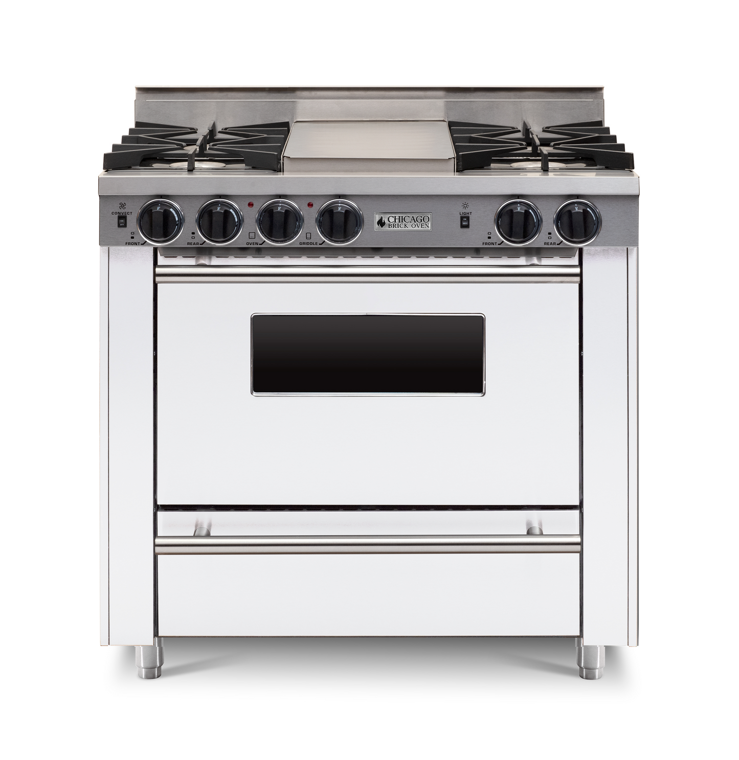36" White All-Gas Range with Four Open Burners with large Oven and Stainless trim