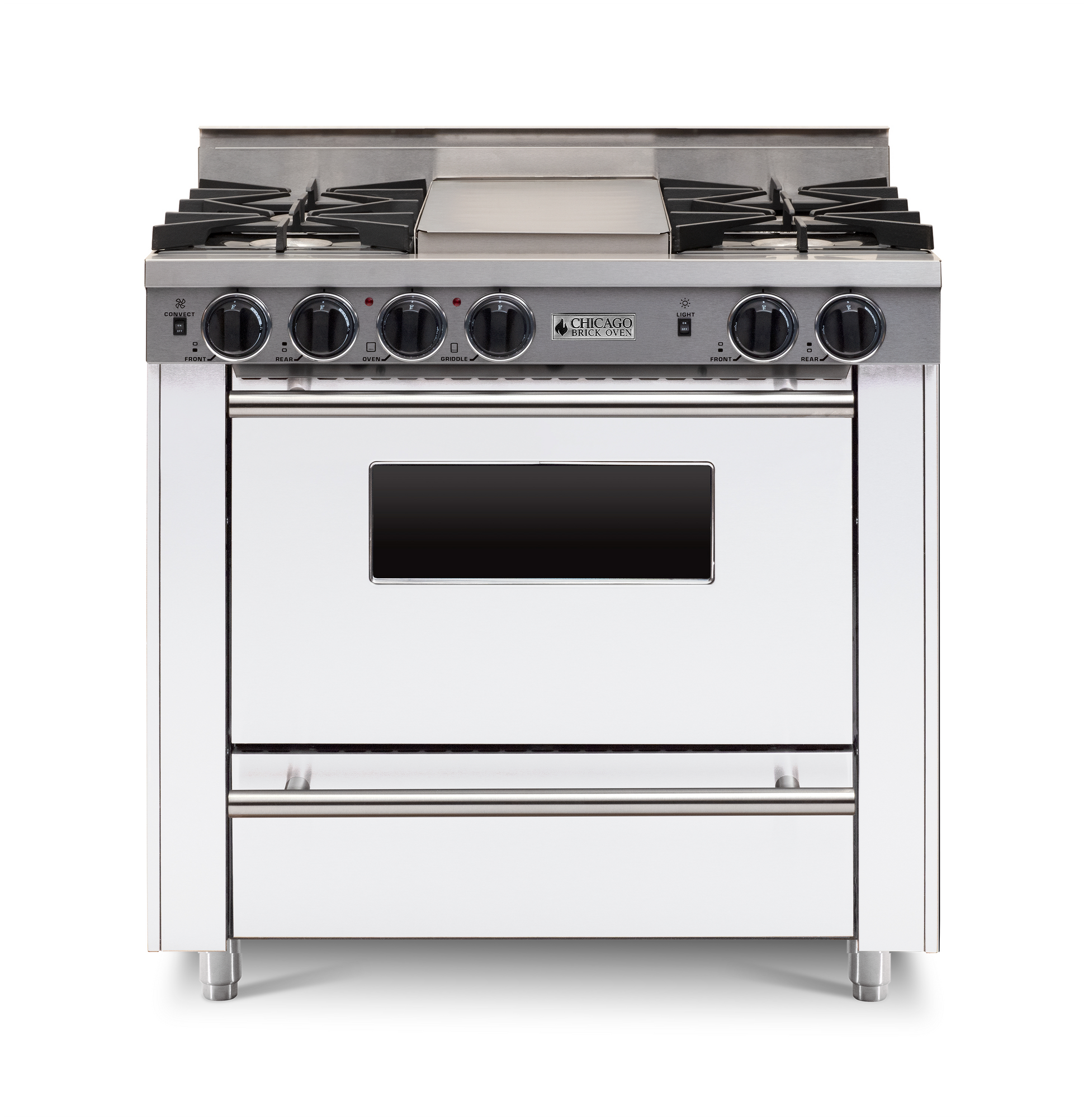 36" White All-Gas Range with Four Open Burners with large Oven and Stainless trim