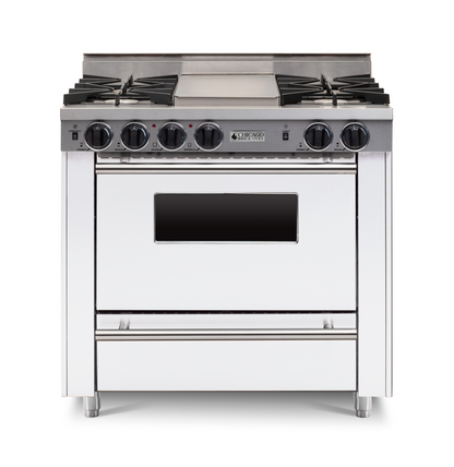 36" White All-Gas Range with Four Open Burners with large Oven and Stainless trim