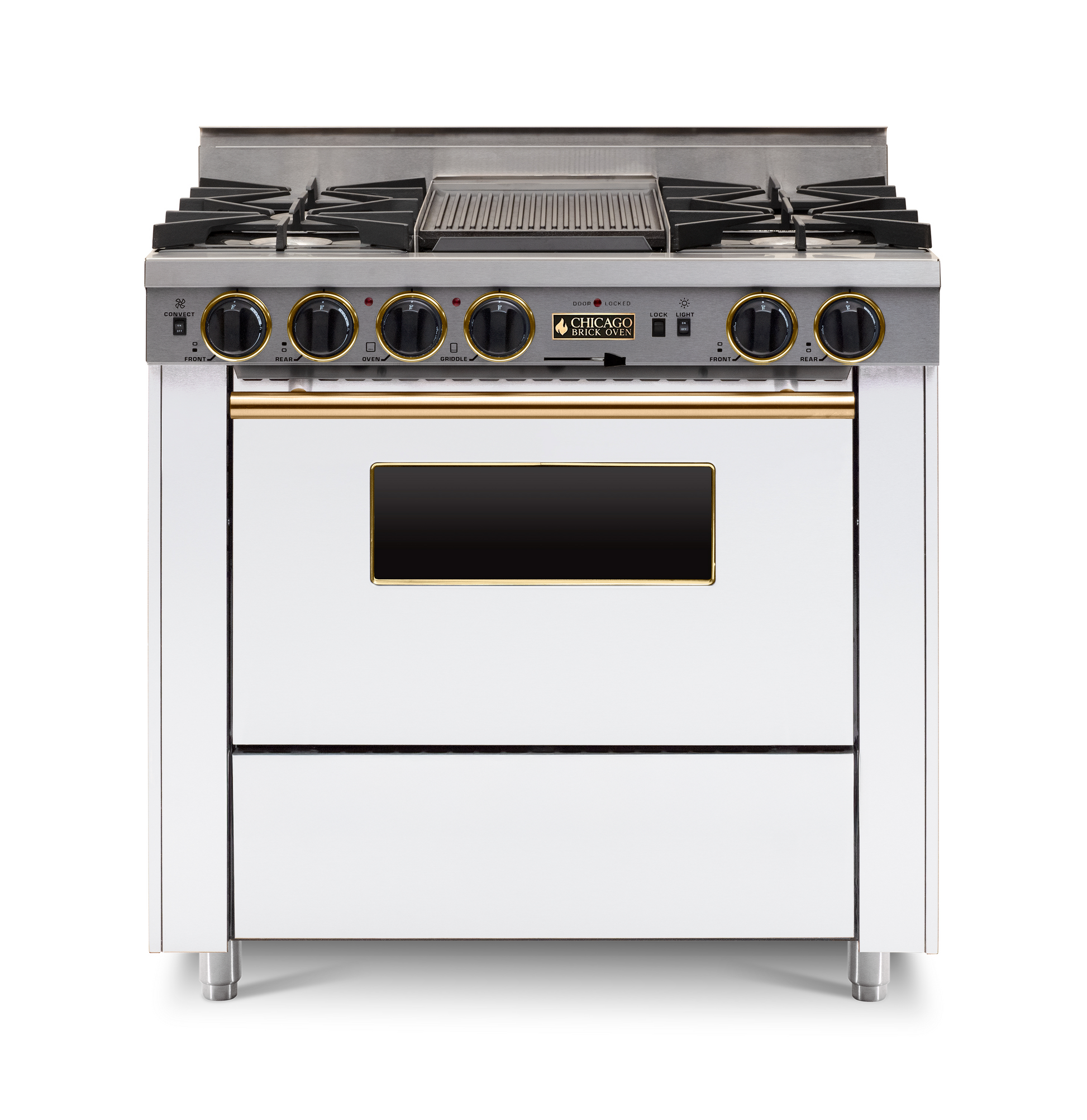 white 36” LP Gas Dual-Fuel Self-Cleaning Convection kitchen Range with four burners and brass trim 