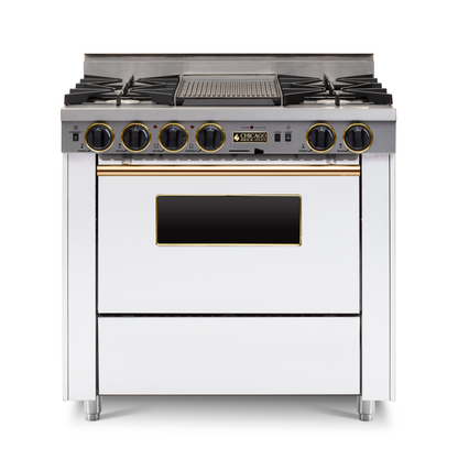 white 36” LP Gas Dual-Fuel Self-Cleaning Convection kitchen Range with four burners and brass trim 