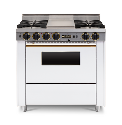white 36” LP Gas Dual-Fuel Self-Cleaning Convection kitchen Range with four burners and brass trim 