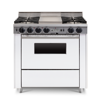white 36” LP Gas Dual-Fuel Self-Cleaning Convection kitchen Range with four burners and stainless steel trim 