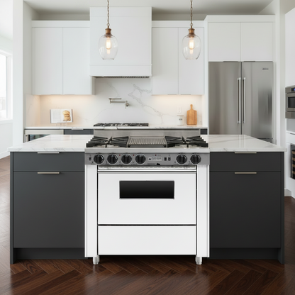 Stainless steel kitchen stove with four burners and a large oven on a white background