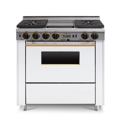 36" Dual-Fuel Self-Cleaning white kitchen range with four burners and an oven with brass trim.