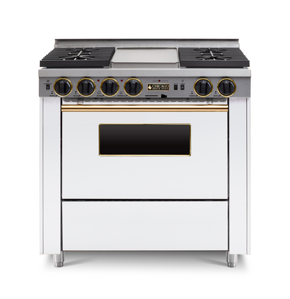 36" Dual-Fuel Self-Cleaning white kitchen range with four burners and an oven with brass trim.