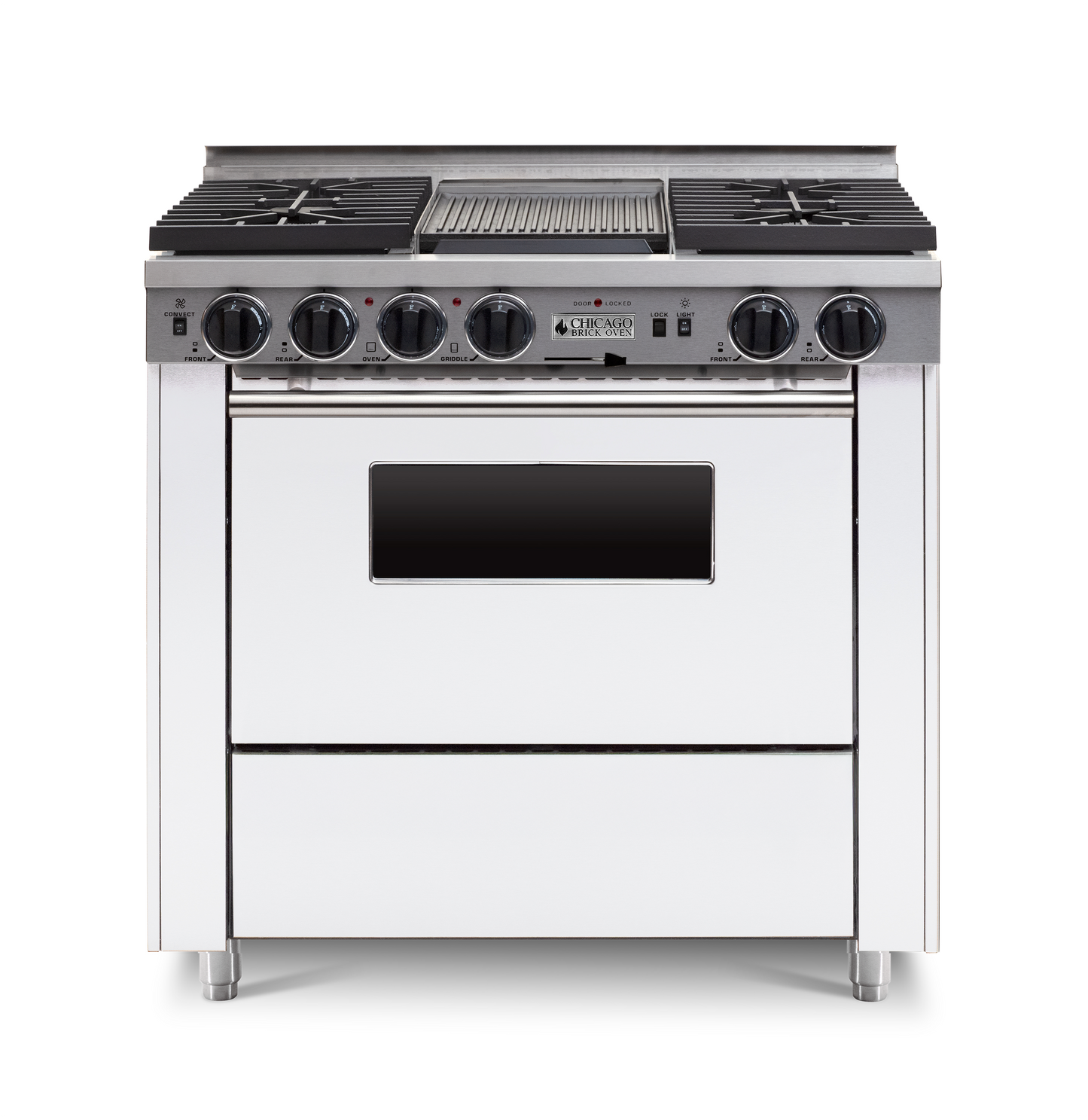 36" Dual-Fuel Self-Cleaning white kitchen range with four burners and an oven with stainless steel trim.