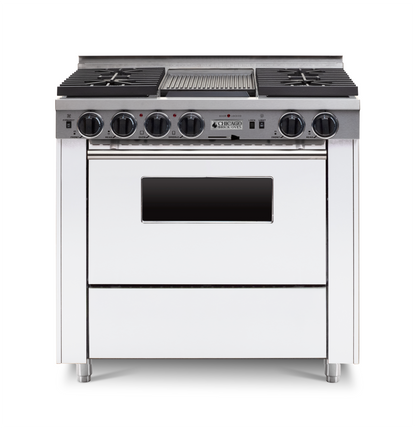 36" Dual-Fuel Self-Cleaning white kitchen range with four burners and an oven with stainless steel trim.