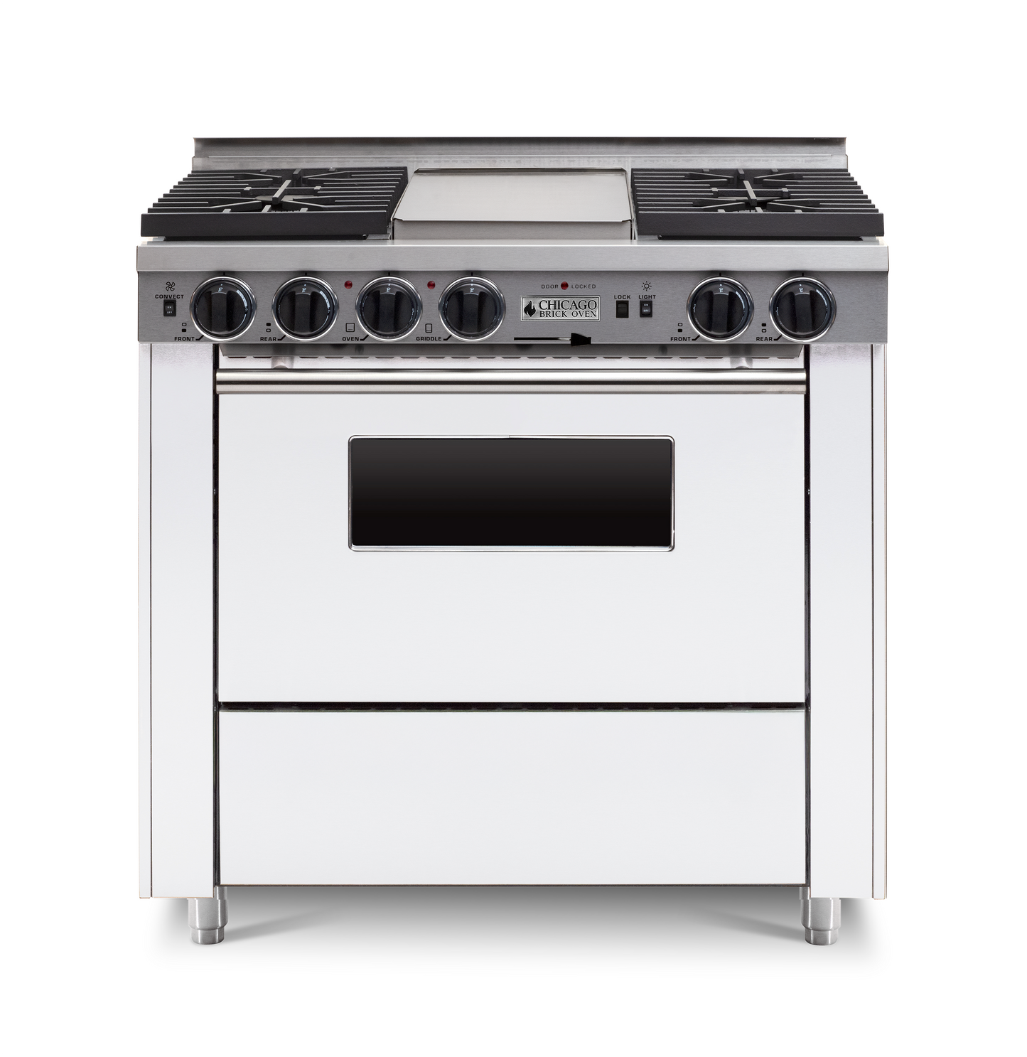 36" Dual-Fuel Self-Cleaning white kitchen range with four burners and an oven with stainless steel trim.