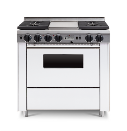 36" Dual-Fuel Self-Cleaning white kitchen range with four burners and an oven with stainless steel trim.