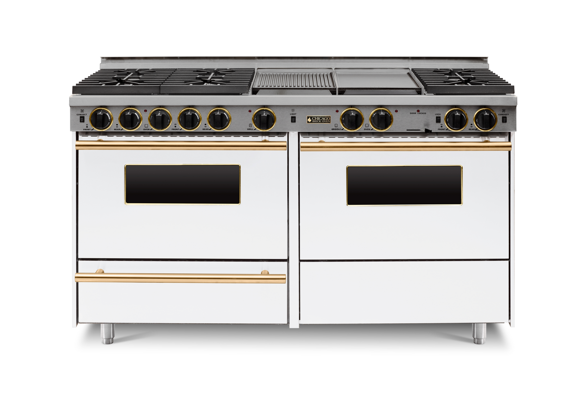 white  60” LP Gas True Dual-Fuel Self-Cleaning Kitchen Range six sealed burners and oven with brass trim