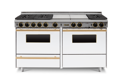 white  60” LP Gas True Dual-Fuel Self-Cleaning Kitchen Range six sealed burners and oven with brass  trim