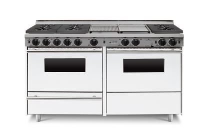 white  60” LP Gas True Dual-Fuel Self-Cleaning Kitchen Range six sealed burners and oven with stainless steel trim