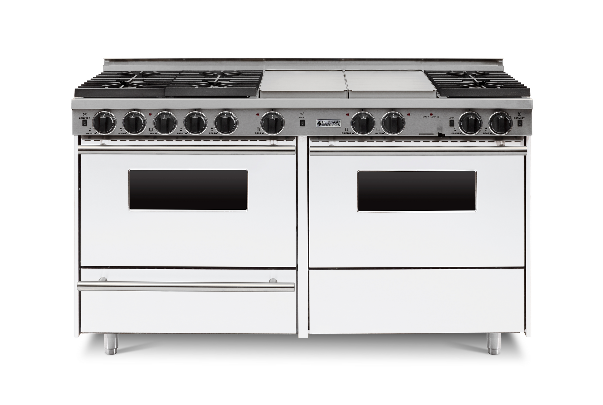 white  60” LP Gas True Dual-Fuel Self-Cleaning Kitchen Range six sealed burners and oven with stainless steel trim