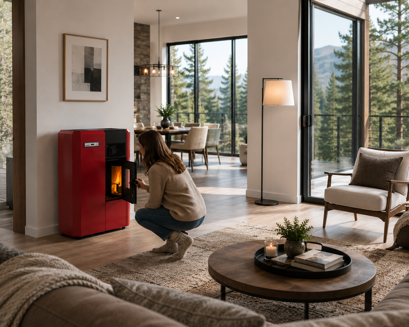 Red Compact high efficiency KF 4,0 freestanding pellet heating stove with visible flame in a modern living room. Smart Control free standing rear and lateral flue outlet home heating pellet stove. Modern home fireplace. This product is similar to Comfortbilt Pellet Stoves HP50 Brown Modern Design Efficient, Cleveland Iron Works Pellet Stove PS20W-CIW, Harman Allure50 Pellet Stove, Drolet Eco-65R Pellet Stove, ComfortBilt Alpine Pellet Stove HP41, ATLAS Pellet Stove Boiler.
