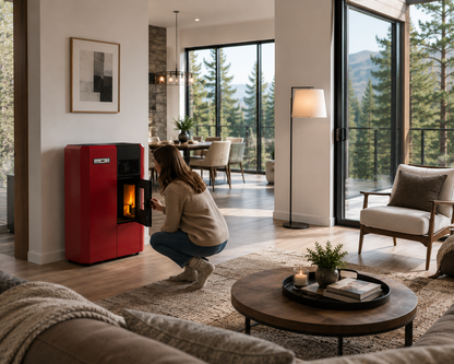 Red Compact high efficiency KF 4,0 freestanding pellet heating stove with visible flame in a modern living room. Smart Control free standing rear and lateral flue outlet home heating pellet stove. Modern home fireplace. This product is similar to Comfortbilt Pellet Stoves HP50 Brown Modern Design Efficient, Cleveland Iron Works Pellet Stove PS20W-CIW, Harman Allure50 Pellet Stove, Drolet Eco-65R Pellet Stove, ComfortBilt Alpine Pellet Stove HP41, ATLAS Pellet Stove Boiler.
