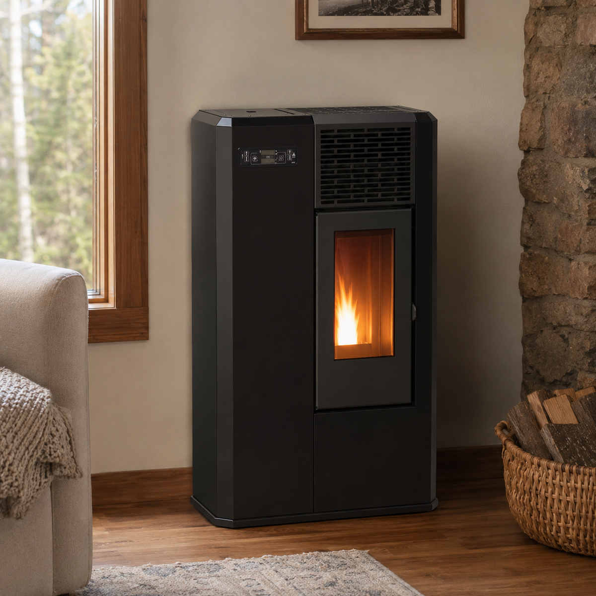 Black Compact high efficiency KFD 6,0 PS floor and hanging home heating pellet stove with a visible burning flame in a modern home. Smart Control free standing rear and lateral flue outlet home heating pellet stove. Modern home fireplace. This product is similar to Comfortbilt Pellet Stoves HP50 Brown Modern Design Efficient, Cleveland Iron Works Pellet Stove PS20W-CIW, Harman Allure50 Pellet Stove, Drolet Eco-65R Pellet Stove, ComfortBilt Alpine Pellet Stove HP41, ATLAS Pellet Stove Boiler.