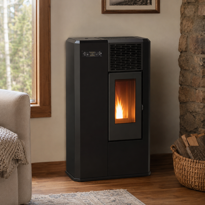 Black Compact high efficiency KFD 6,0 PS floor and hanging home heating pellet stove with a visible burning flame in a modern home. Smart Control free standing rear and lateral flue outlet home heating pellet stove. Modern home fireplace. This product is similar to Comfortbilt Pellet Stoves HP50 Brown Modern Design Efficient, Cleveland Iron Works Pellet Stove PS20W-CIW, Harman Allure50 Pellet Stove, Drolet Eco-65R Pellet Stove, ComfortBilt Alpine Pellet Stove HP41, ATLAS Pellet Stove Boiler.
