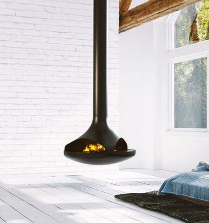 42" Black Finish double Sided Modern Suspended/ Floating Indoor Fireplace with visible flame in a modern Bed room.
Elevate your space with our open fire view Suspended & Hanging Fireplaces. Unique designs featuring New Flame technology (Vapor-Fire)
This fireplace is similar to Gyrofocus fireplace
