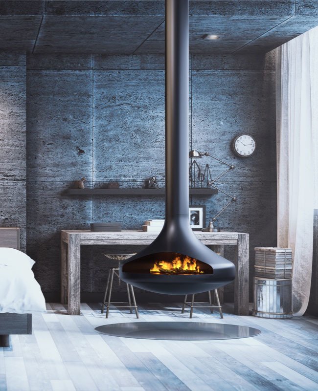 42" Black Finish single-Sided Modern Suspended/ Floating Indoor Fireplace with visible flame in a modern Bed room.
Elevate your space with our Bespoke Suspended & Hanging Fireplaces. Unique designs featuring New Flame technology (Vapor-Fire)
This fireplace is similar to Gyrofocus fireplace