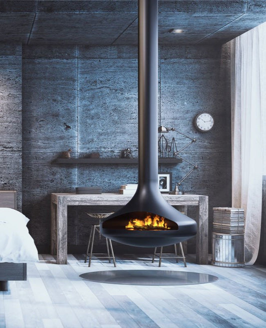 42" Black Finish single-Sided Modern Suspended/ Floating Indoor Fireplace with visible flame in a modern Bed room.
Elevate your space with our Bespoke Suspended & Hanging Fireplaces. Unique designs featuring New Flame technology (Vapor-Fire)
This fireplace is similar to Gyrofocus fireplace