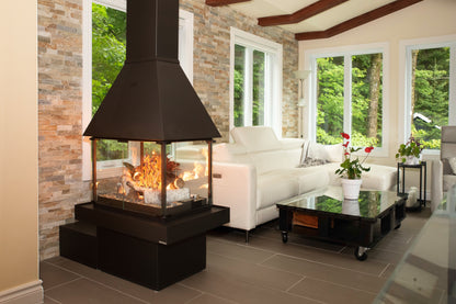 Matte Black Gas Burning Don bar 9200 series Fireplace in a Modern living room with white sofa, and large windows. all glass custom designed see through round fireplace Malm Style Carousel Style Focus fireplace floating fireplace UFO style floating overing see through round all glass fish tank style fireplace For a high-end, architectural piece like the Don-Bar 9200 Series, your SEO strategy needs to target luxury homeowners and designers who are searching for "statement" heating.Malm Carousel or Focus Ergof