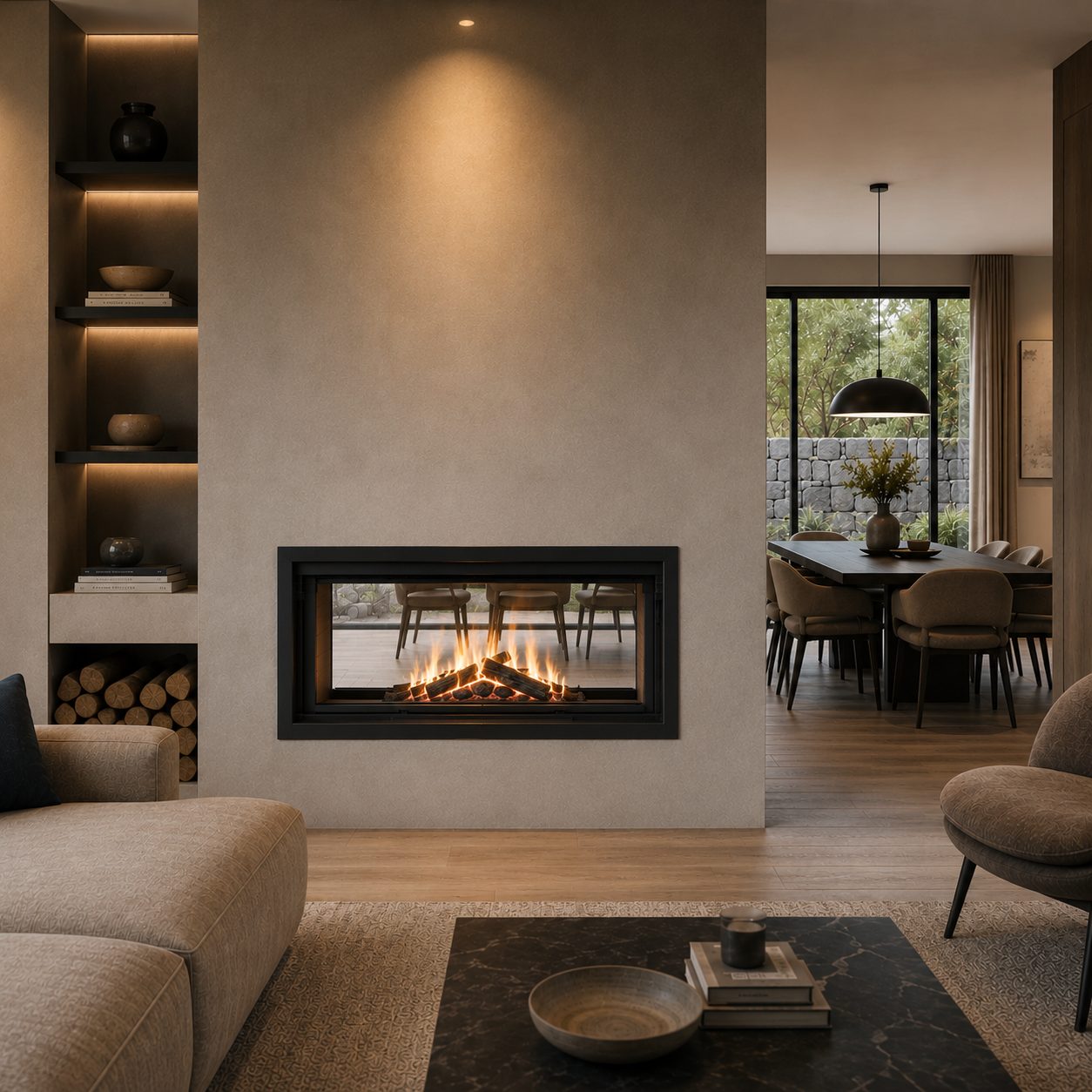 Dorako Linea Double sided glass wood burning indoor wall built-in fireplace with visible log burning flame in a modern living room. High-efficiency  see through wood stove with, Mid century modern Fireplace, A energy class fireplace, room divider fireplace. This fireplace is similar to; Majestic 42" Designer See-Thru Radiant Wood Burning Fireplace, Majestic Designer Series 42-Inch See-Through Wood Burning Fireplace, Invicta Aaron 36" See-Through Contemporary Cast Iron Wood Burning Stove.