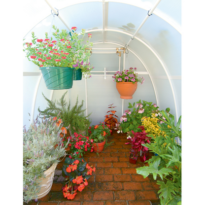 Inside view of early bloomer greenhouse kit with vase of plant arranged on the floor and vase of flower hanged on the two hanging rod inside greenhouse