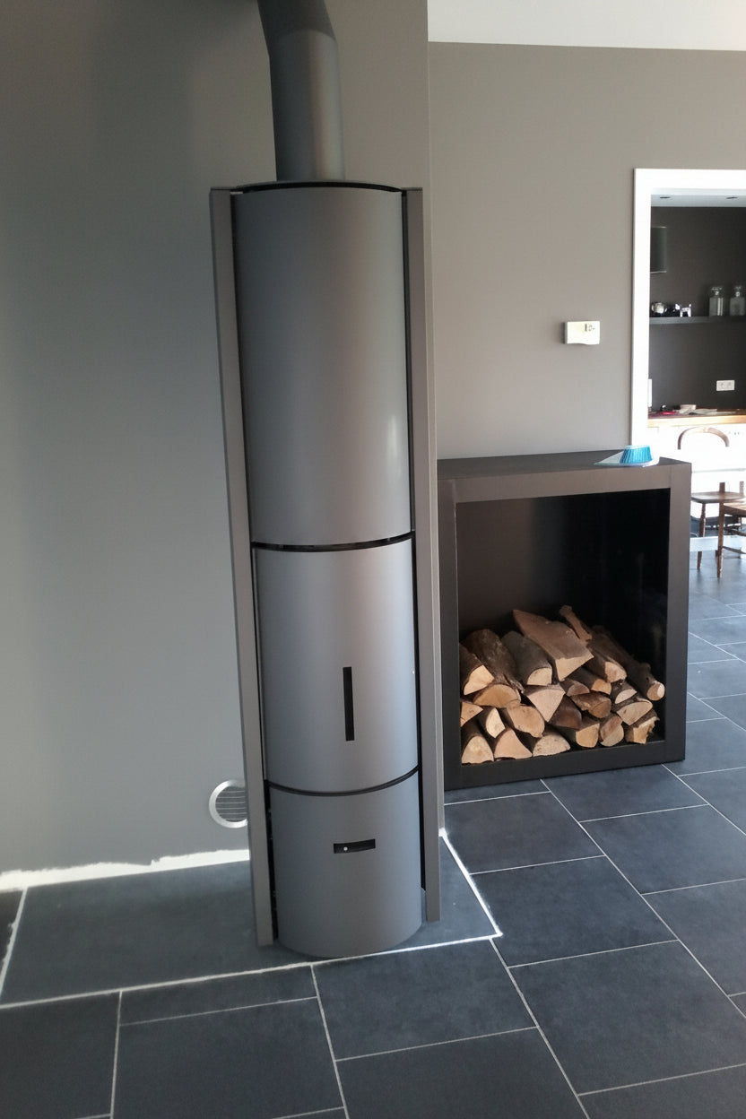 Modern cylindrical water heater against a gray wall with a fireplace and wooden logs in the background. Modern wood-burning stove against a brick wall in a room with a wooden table and chair. Modern room with large windows, wooden floor, and a freestanding stove. Modern cabin Modern fireplace with a basket of wood on a red and gray wall STUV Modern MCM Fireplace Cylinder fireplace Modern floating fireplace with steel plate for low clearance zero clearance fireplace background Flue Pipe Dura-vent stuv effici