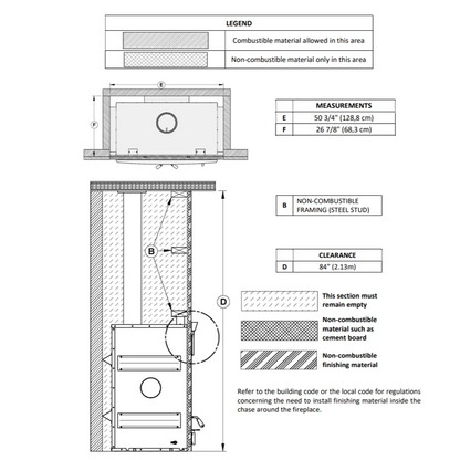 Technical drawing of Valcourt Waterloo wood burning wall built-in fireplace with visible wood burning flame in a modern living room, 95,000 BTU/h High efficiency modern indoor wood fireplace with 1,000 -2,800 square feet heating area. Lab tested fireplace and this fireplace is similar to, Valcourt Dallaire II Wood Burning Fireplace fp18r, Osburn Stratford II Wood Fireplace, Napoleon Oakdale Wood Burning Fireplace Insert, True North Tn20 Wood Burning Fireplace Insert, Empire Stove Archway 2300.